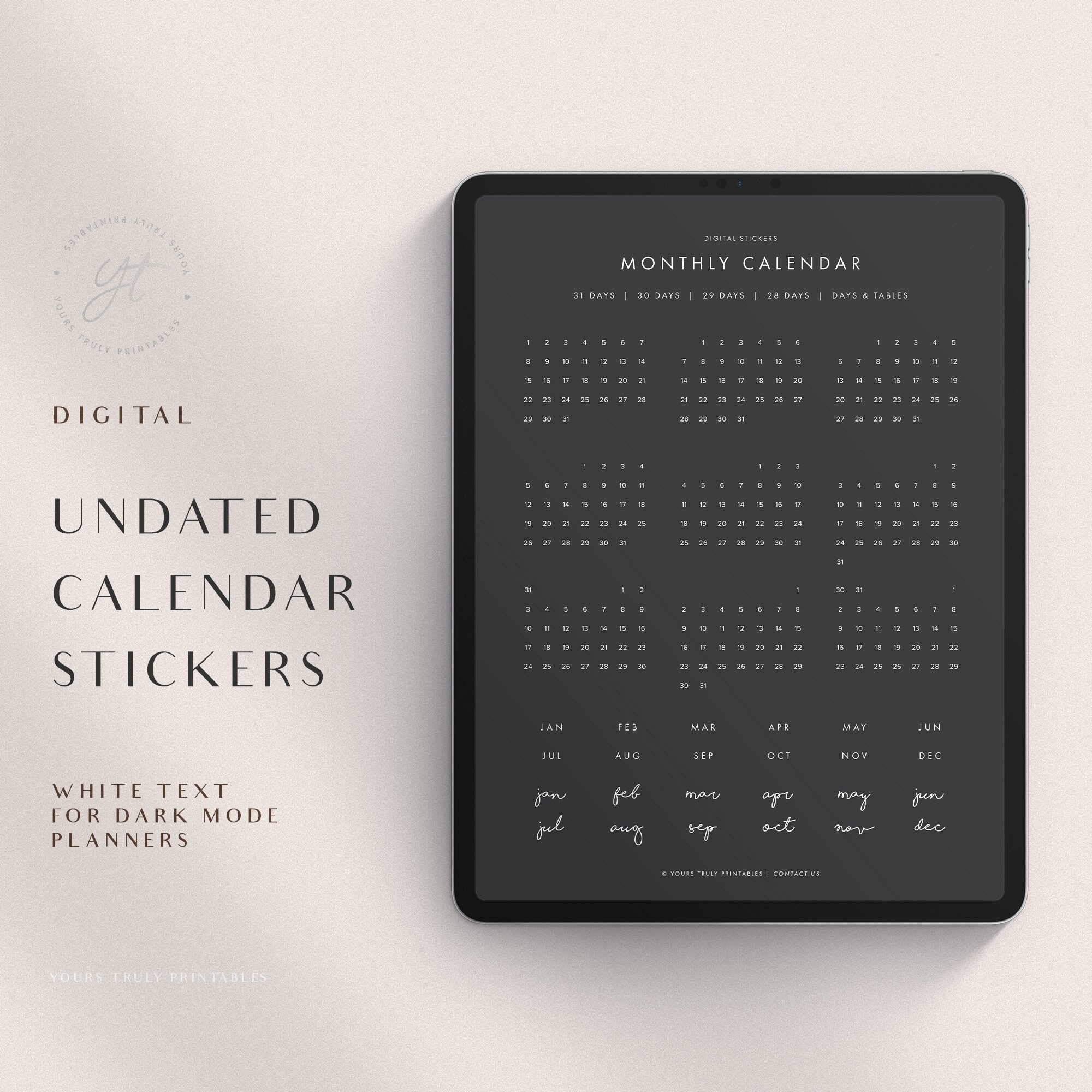 Mini Calendar Digital Stickers - White Text for Dark Mode Planners ...