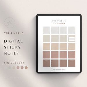 May include: Digital sticky notes in six colors, including white, beige, and brown. The notes are displayed on a tablet screen and feature various designs, including lined, grid, and blank options. The text "VOL. 1 MOCHA STICKY NOTES" is displayed at the top of the screen.