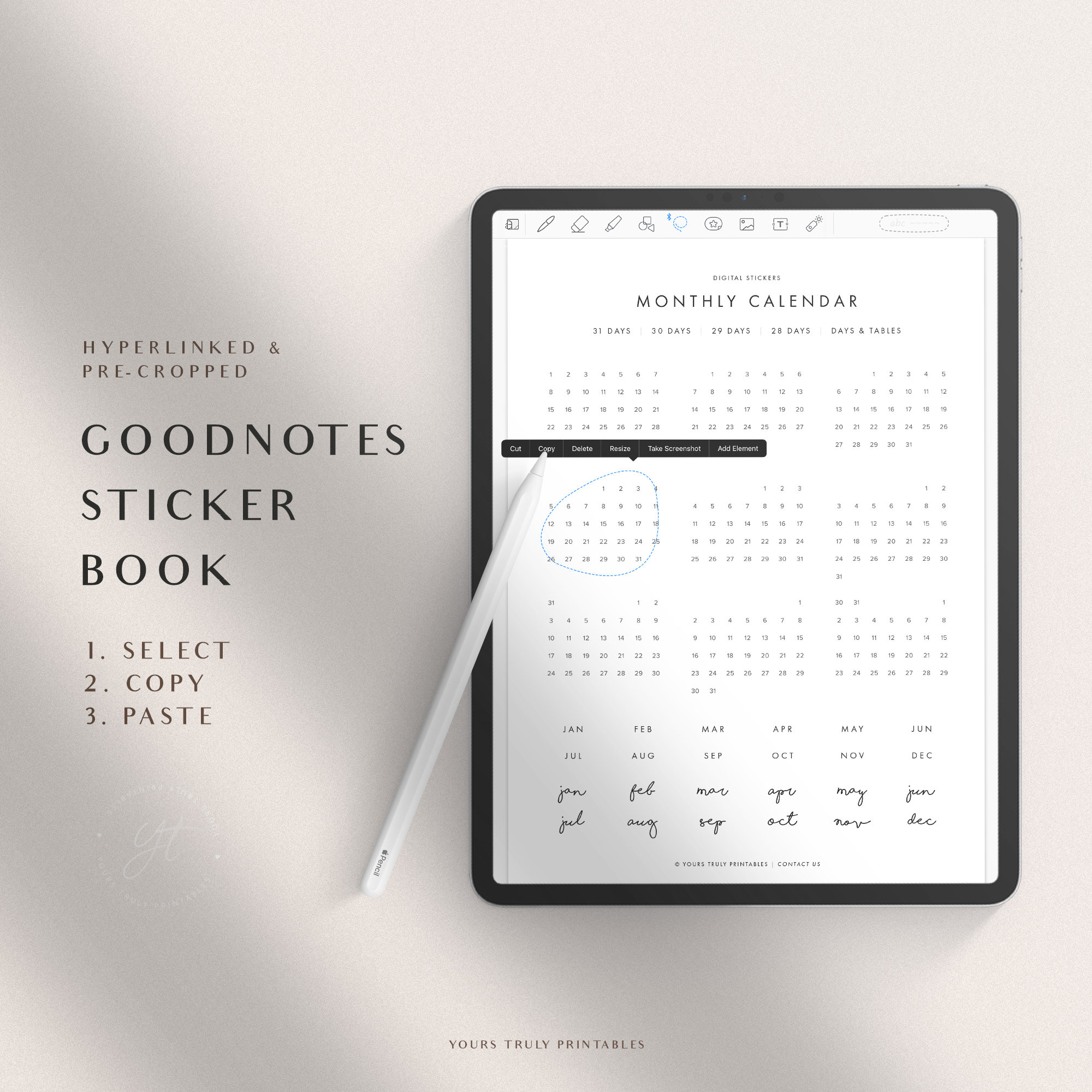 Mini Calendar Digital Stickers - Goodnotes Minimalist Monthly Calendar ...