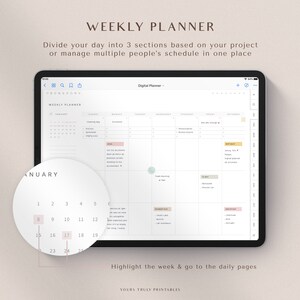 May include: A digital weekly planner app on a tablet screen. The app has a calendar view with a monthly calendar on the left and a weekly planner on the right. The weekly planner is divided into days of the week, with each day having a section for morning, afternoon, and evening. The app also has a feature to highlight the current week and go to the daily pages.