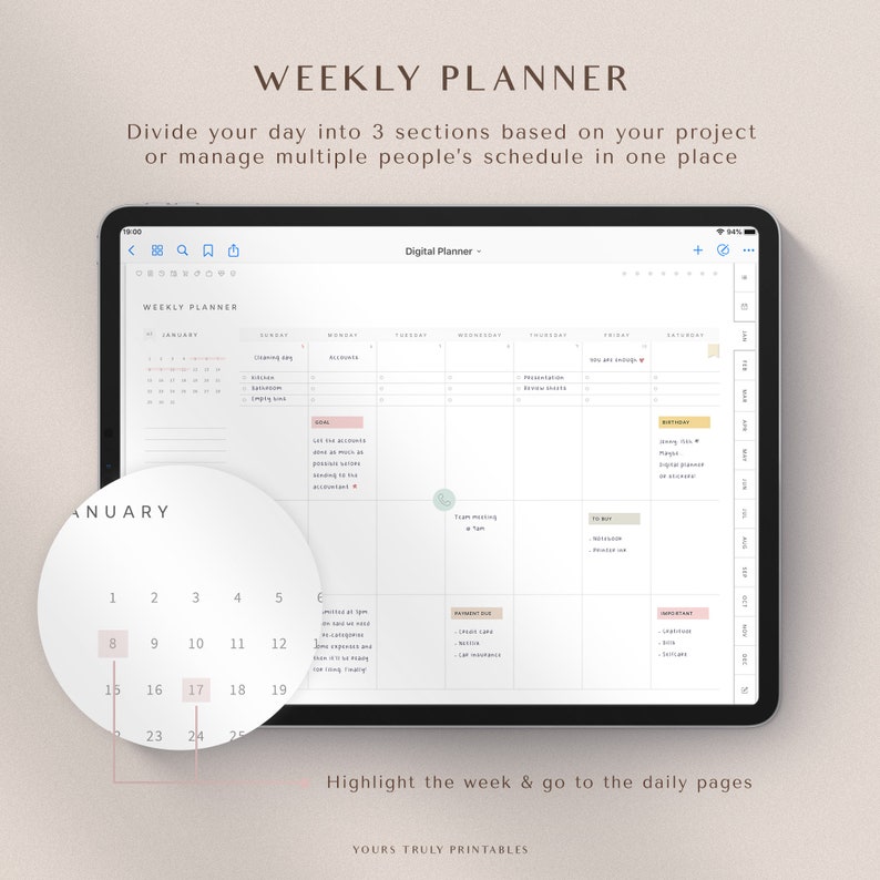 May include: A digital weekly planner app on a tablet screen. The app has a calendar view with a monthly calendar on the left and a weekly planner on the right. The weekly planner is divided into days of the week, with each day having a section for morning, afternoon, and evening. The app also has a feature to highlight the current week and go to the daily pages.