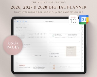 2026, 2027 Digital Planner GoodNotes Planner Lined Weekly Planner Daily Planner iPad Planner Notability Planner Google Calendar | Minimalist