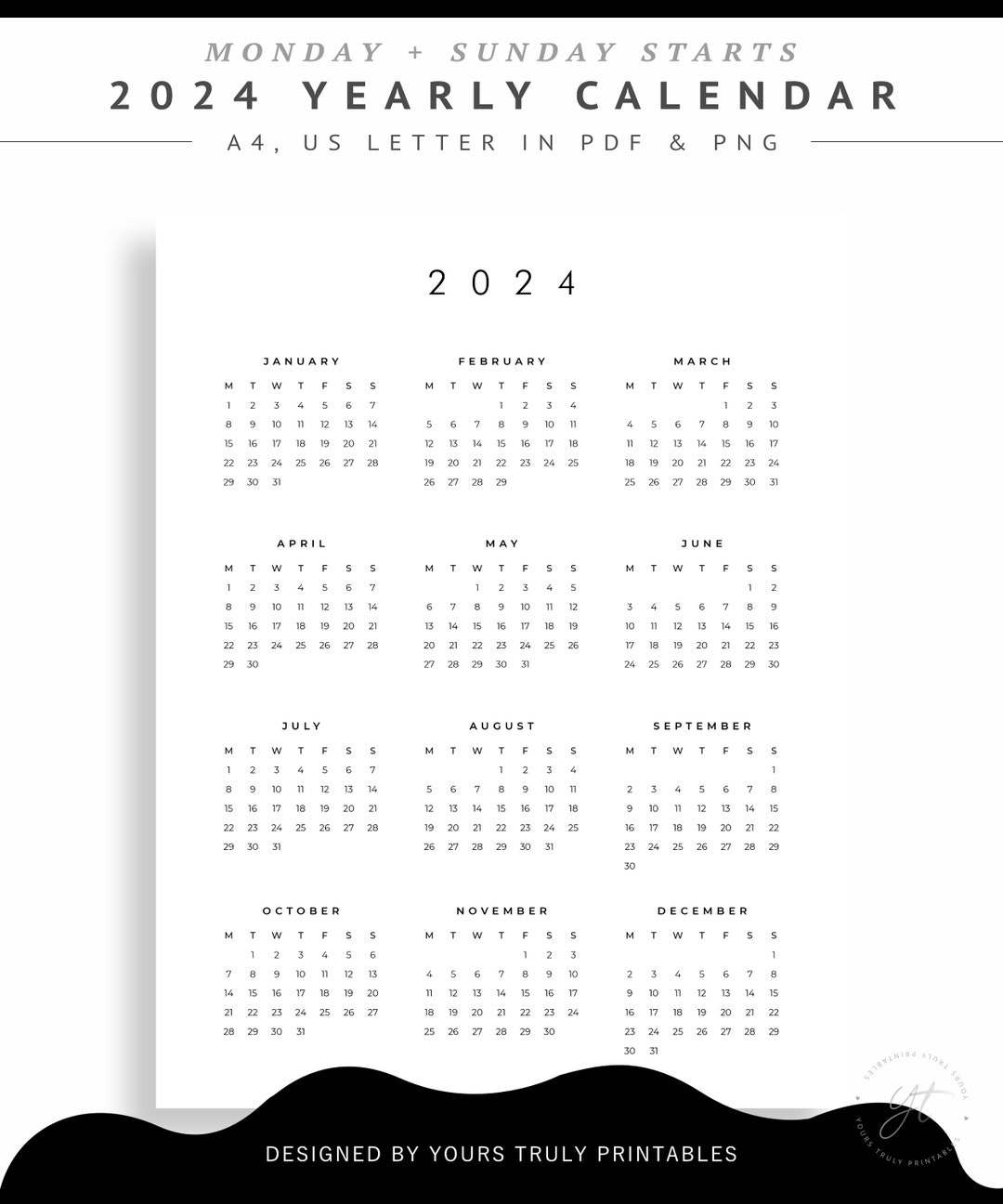 2024 yearly calendar printable minimalist year at a glance calendar