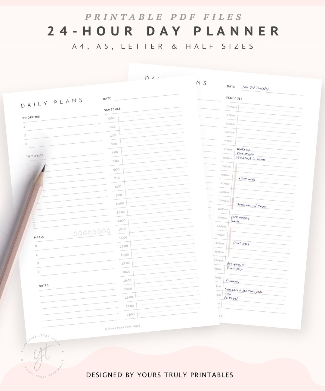 24 Hour Daily Planner Printable, Half Hourly Day to Do List PDF ...