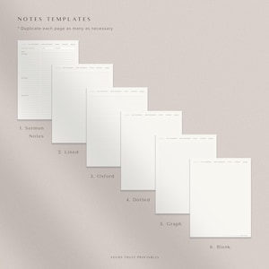 Pu&ograve; includere: Sei modelli di note stampabili: Note del sermone, righe, Oxford, punteggiate, griglia e vuote. Ogni modello ha un'intestazione con il titolo e un pi&egrave; di pagina con il testo "Yours Truly Printables".