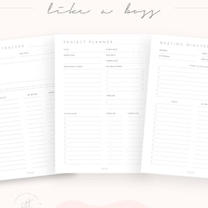 May include: Three printable pages for managing projects, with the title "Manage Your Projects Like a Boss". The first page is a tracker with columns for "Due Date", "To Do List", "By Whom", and "Deadline". The second page is a project planner with sections for "Title", "Objectives", "Resources & Ideas", "Start Date", "Due Date", "Completed", "Key Milestones", "Timeline", "Action Plan", "Deadline", and "Completed". The third page is for meeting minutes with sections for "Agenda", "Attendees", "Time", "Next Meeting", "Things to Discuss", "Tasks", and "By Whom".