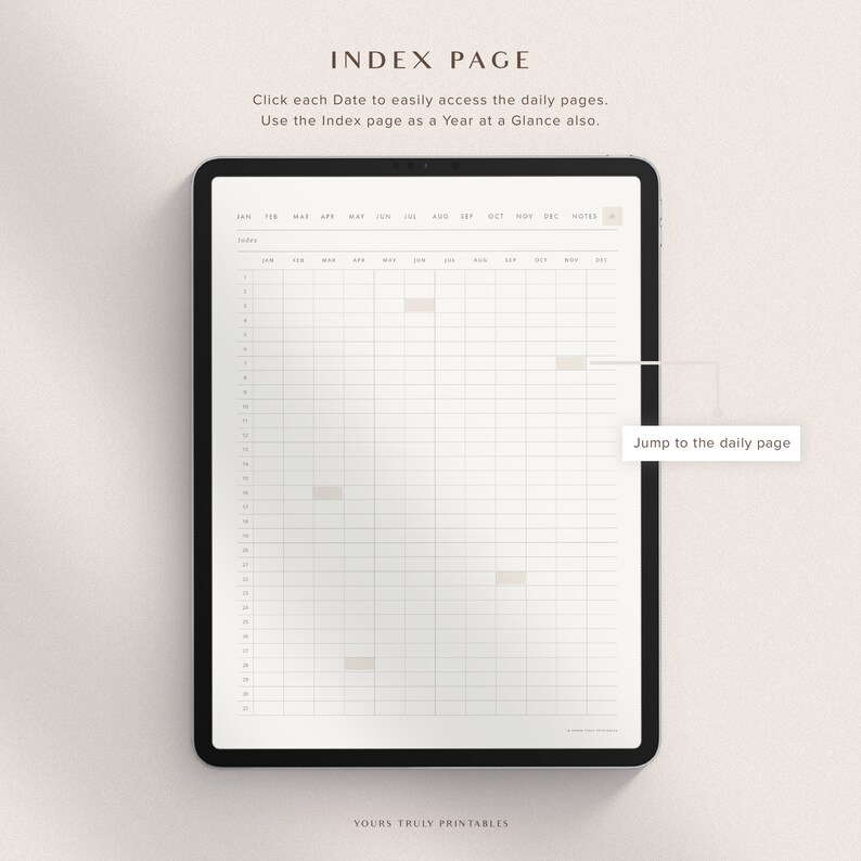 May include: A digital planner index page with a calendar grid for each month of the year. The page is designed to help users easily access daily pages and provides a year-at-a-glance view.