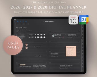 2026 2027 2028 Digital Planner Dark Mode Minimalist GoodNotes Planner Lined Weekly Planner iPad Planner Notability Planner, Google Calendar