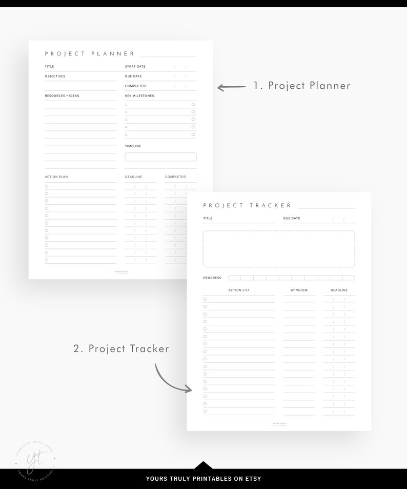 May include: Two printable project planner and tracker pages. The project planner page has sections for title, objectives, resources, key milestones, and a timeline. The project tracker page has sections for title, due date, progress, action list, by whom, and deadline.
