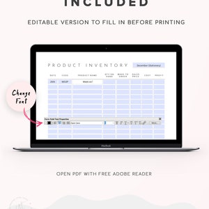 May include: A laptop computer screen displaying a product inventory spreadsheet with columns for date, code, product name, quantity on hand, made to order, sales price, cost, and profit. The spreadsheet is titled "Product Inventory" and the date is December (Stationery). The spreadsheet is editable and the font can be changed.