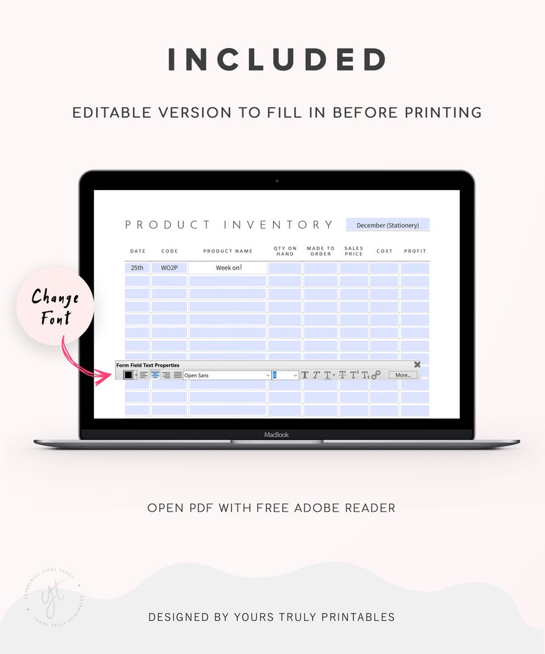 May include: A laptop computer screen displaying a product inventory spreadsheet with columns for date, code, product name, quantity on hand, made to order, sales price, cost, and profit. The spreadsheet is titled "Product Inventory" and the date is December (Stationery). The spreadsheet is editable and the font can be changed.
