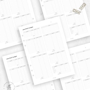 May include: Printable budget planner pages for a personal finance journal. The pages are designed for a disc bound planner and include sections for income, bills, expenses, savings, and a summary.