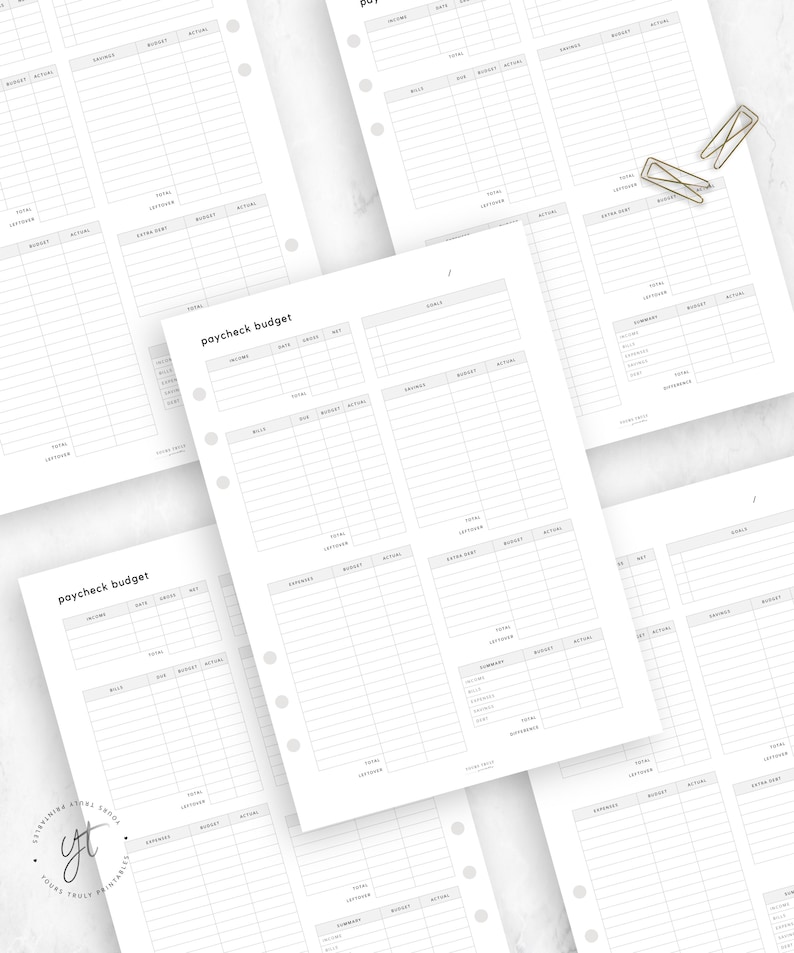 May include: Printable budget planner pages for a personal finance journal. The pages are designed for a disc bound planner and include sections for income, bills, expenses, savings, and a summary.