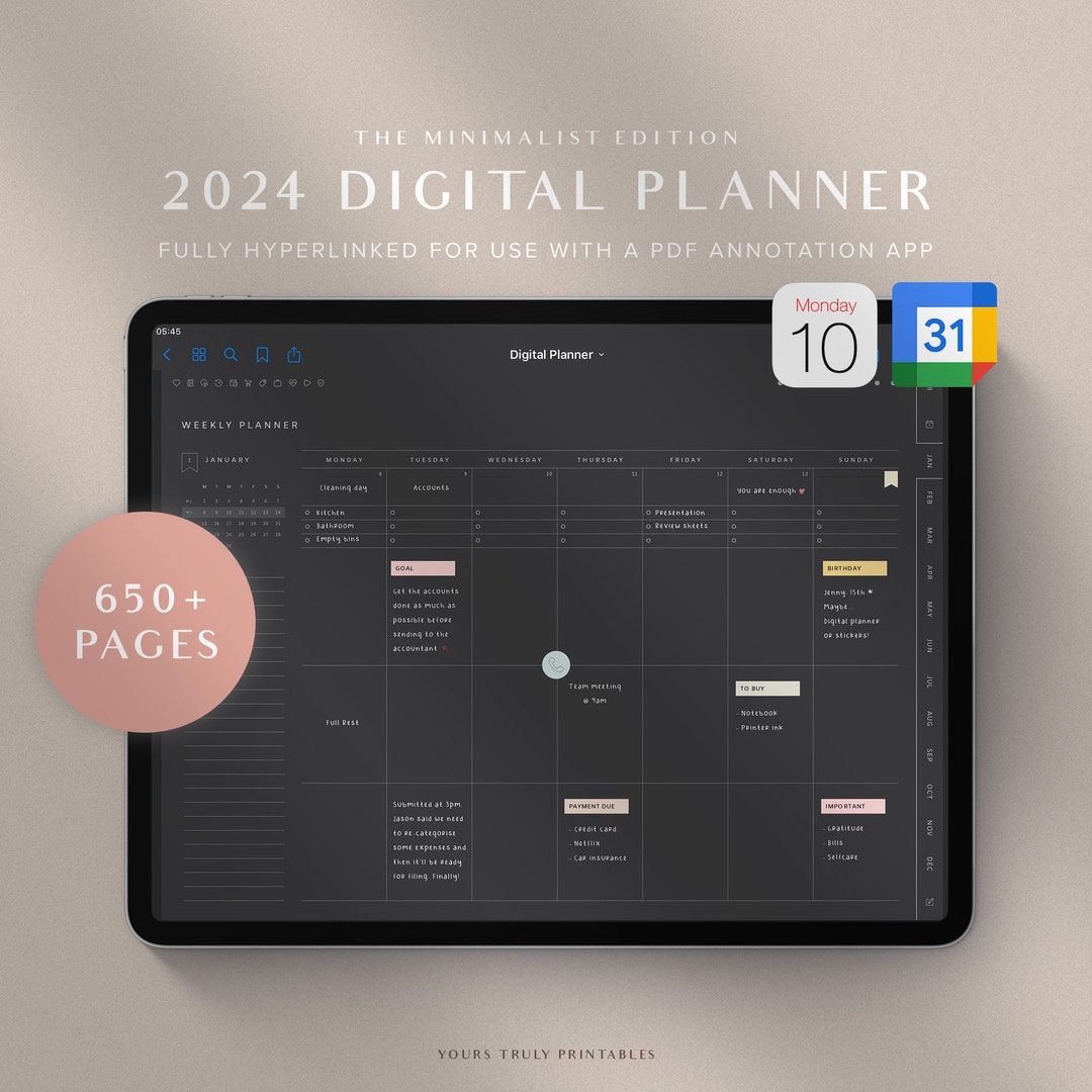 2024 Digital Planner Dark Mode, Goodnotes Planner, Weekly Planner