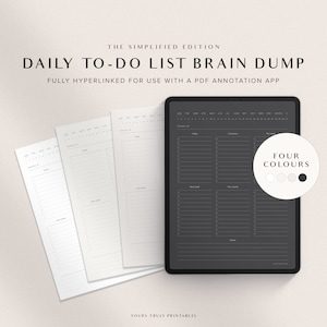May include: A digital planner template with a black background and white text. The planner includes sections for "Today", "Tomorrow", "This Week", and "This Month". The template is designed for use with a PDF annotation app. The image also shows four blank printable daily to-do list pages.