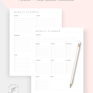 May include: A printable weekly planner with a simple design. The planner is divided into two pages, each with a section for each day of the week. There is also a section for priorities and notes.