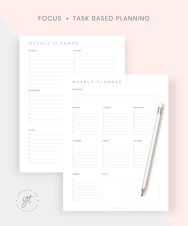 May include: A printable weekly planner with a simple design. The planner is divided into two pages, each with a section for each day of the week. There is also a section for priorities and notes.
