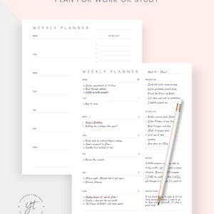 May include: A weekly planner with a to-do list, priorities, and notes sections. The planner is designed for work or study and includes a weekly calendar with space for daily tasks and notes. The planner is dated April 30th to May 6th.