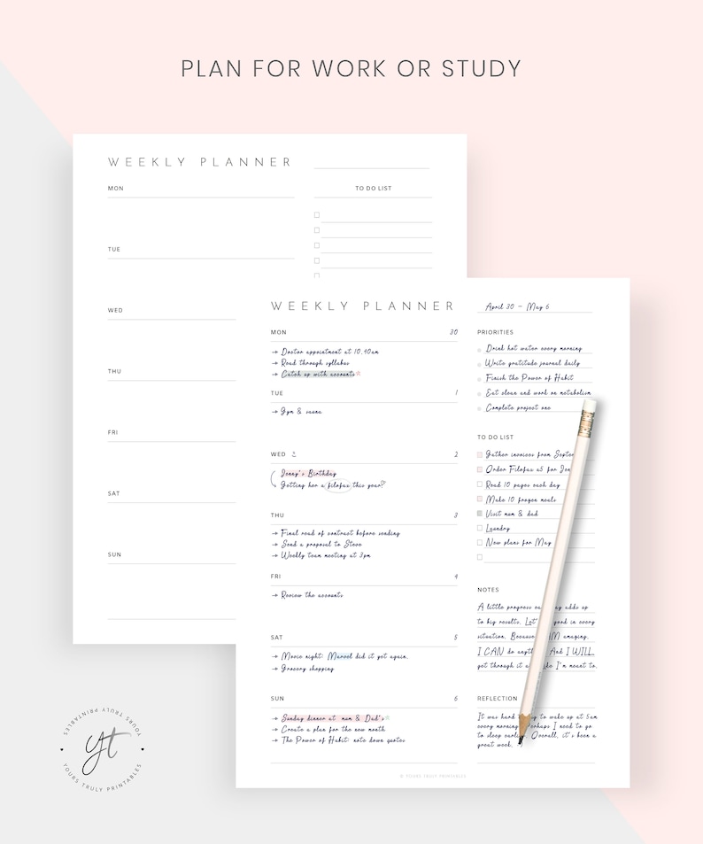 May include: A weekly planner with a to-do list, priorities, and notes sections. The planner is designed for work or study and includes a weekly calendar with space for daily tasks and notes. The planner is dated April 30th to May 6th.