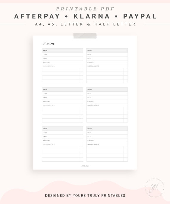 Afterpay, Klarna & PayPal Tracker Printable, Online Shopping Budget Planner, Minimal Bill Payment Due Template | A5, A4, US Letter, Half