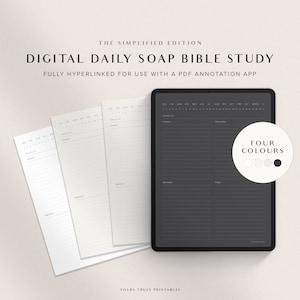 May include: Digital printable daily SOAP Bible study planner with four color options. The planner includes sections for scripture, observations, application, and prayer. The planner is fully hyperlinked for use with a PDF annotation app.