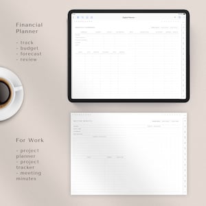 May include: A digital planner with two pages, one for financial planning and one for meeting minutes. The financial planning page has a table for tracking monthly expenses. The meeting minutes page has sections for agenda, attendees, notes, and tasks.