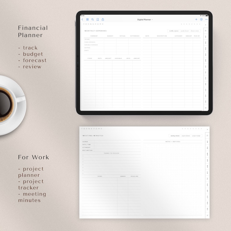 May include: A digital planner with two pages, one for financial planning and one for meeting minutes. The financial planning page has a table for tracking monthly expenses. The meeting minutes page has sections for agenda, attendees, notes, and tasks.