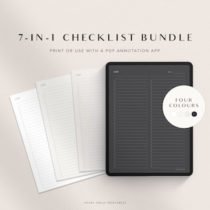 Op de afbeelding: Een 7-in-1 checklistbundel met vier kleur opties. De bundel bevat vier witte checklists en één zwarte checklist. De checklists zijn ontworpen voor gebruik met een PDF-annotatie-app. De tekst "FOUR COLORS" wordt weergegeven in een cirkel met vier kleurstalen.
