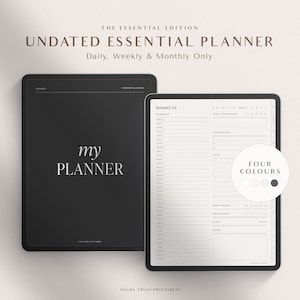 May include: A digital planner with a black cover that says "my planner" and a white cover with the text "January 1st" and a daily schedule. The planner has four colour options: white, grey, light grey, and black.