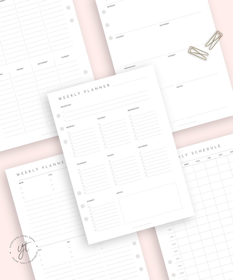 May include: A weekly planner printable with sections for Monday through Sunday, a notes section, and a priority list. The planner has a minimalist design with a white background and gray text.