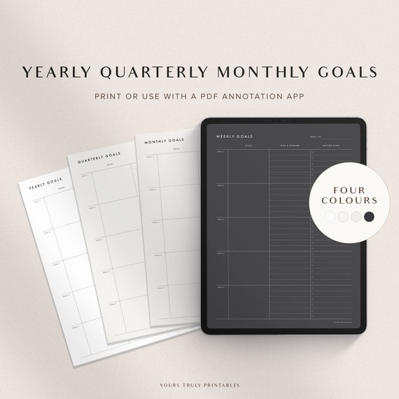 Digital Goal Planner Bundle, Printable Yearly Goals, GoodNotes Quarterly Goal Planner, Minimalist Monthly Goal Planner, Weekly Productivity