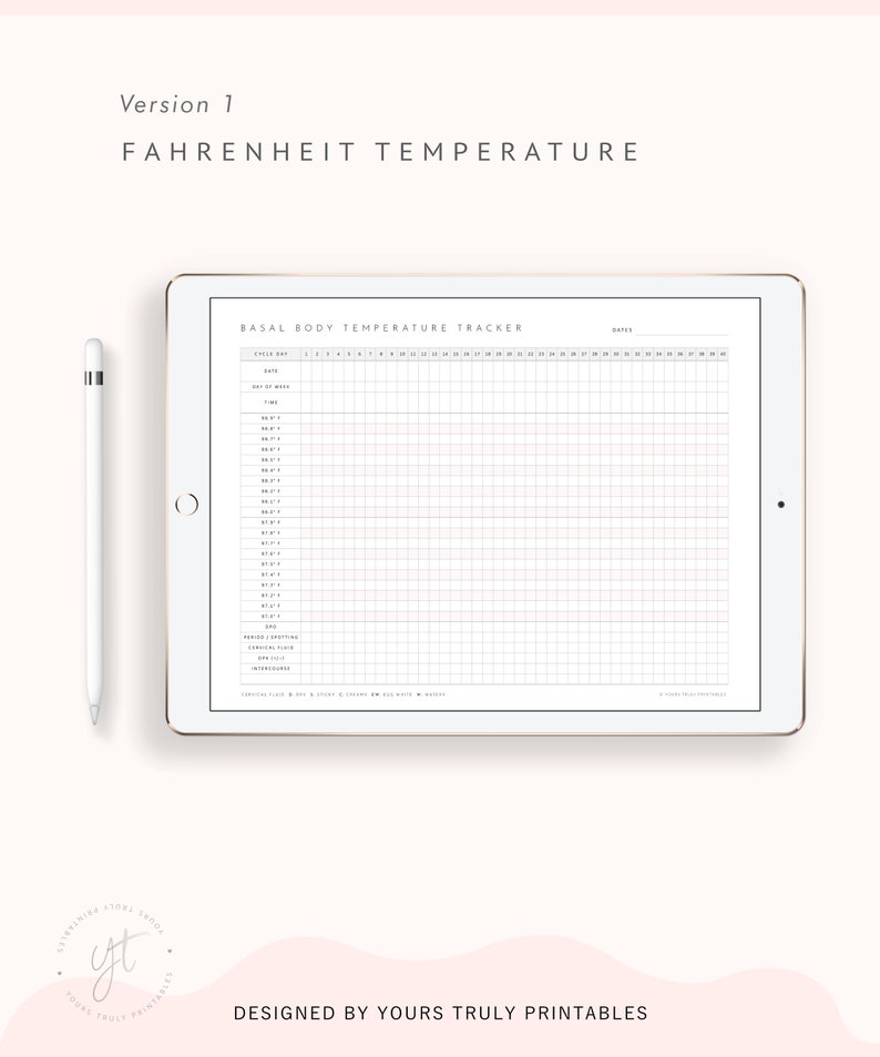 Peut inclure: Une tablette num&eacute;rique affichant un tableau de suivi de la temp&eacute;rature corporelle basale imprimable en degr&eacute;s Fahrenheit. Le tableau comprend une grille avec les jours du mois et des lectures de temp&eacute;rature de 96,0 &agrave; 99,0 degr&eacute;s Fahrenheit. Le tableau comprend &eacute;galement des sections pour enregistrer des informations suppl&eacute;mentaires, telles que la glaire cervicale, les saignements et l'humeur.