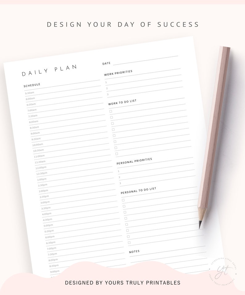 May include: A printable daily planner with a white background and black text. The planner includes sections for scheduling, work priorities, work to do list, personal priorities, personal to do list, and notes. The planner is designed to help you organize your day and achieve your goals.