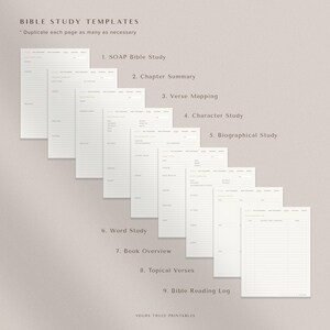 Pu&ograve; includere: Un set di modelli di studio biblico stampabili con intestazioni per lo studio biblico SOAP, riepilogo del capitolo, mappatura dei versetti, studio dei personaggi, studio biografico, studio delle parole, panoramica del libro, versetti tematici e registro di lettura biblica. I modelli sono progettati per essere duplicati secondo necessit&agrave;.