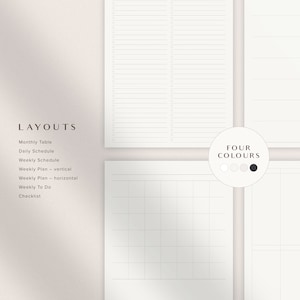 Pu&ograve; includere: Una pagina di pianificatore stampabile con diversi layout per calendari mensili, giornalieri e settimanali. I layout includono un elenco di controllo, un piano settimanale verticale e un piano settimanale orizzontale. La pagina include anche una sezione per quattro colori, con opzioni per bianco, grigio chiaro, grigio scuro e nero.