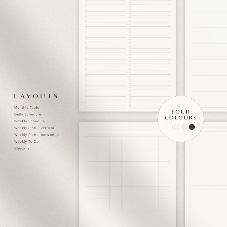 Pu&ograve; includere: Una pagina di pianificatore stampabile con diversi layout per calendari mensili, giornalieri e settimanali. I layout includono un elenco di controllo, un piano settimanale verticale e un piano settimanale orizzontale. La pagina include anche una sezione per quattro colori, con opzioni per bianco, grigio chiaro, grigio scuro e nero.