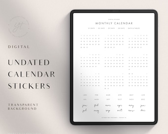 Mini Calendar Digital Stickers - GoodNotes Minimalist Monthly Calendar, Digital Undated Monthly Planner Sticky Notes | Mon & Sun