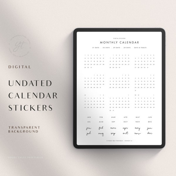 Mini Calendar Digital Stickers - GoodNotes Minimalist Monthly Calendar, Digital Undated Monthly Planner Sticky Notes | Mon & Sun