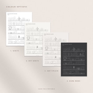 May include: Four different color options for a printable Bible reading tracker. The tracker features a bookshelf with books, a clock, a cat, and a cactus. The color options are white, off white, soft peach, and dark mode.