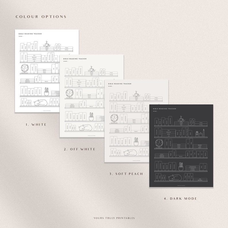 May include: Four different color options for a printable Bible reading tracker. The tracker features a bookshelf with books, a clock, a cat, and a cactus. The color options are white, off white, soft peach, and dark mode.