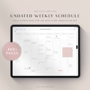 May include: A digital planner app on a tablet screen. The app is open to a weekly schedule with the text "Undated Digital Planner" at the top. The schedule is divided into seven days of the week, with each day having a grid of time slots. The app is designed to be used with a PDF annotation app.
