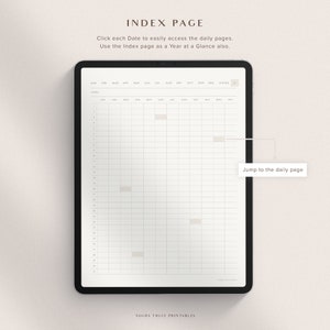 May include: A digital planner index page with a calendar grid for each month of the year. The page is designed to help users easily access daily pages and provides a year-at-a-glance view.