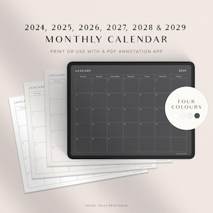 May include: A digital tablet displaying a black and white monthly calendar for January 2029. The calendar is on a white background with the text "Four Colours" and four color swatches. Below the tablet are four blank monthly calendar pages for January.