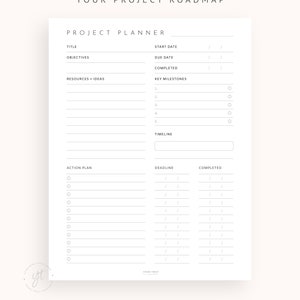 May include: A printable project planner with sections for title, objectives, resources, key milestones, timeline, action plan, deadline, and completed. The planner is designed to help you organize and track your projects.
