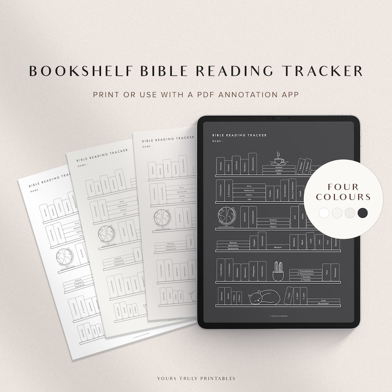 May include: Printable Bible reading tracker with a bookshelf design. The tracker has four sections for different books of the Bible. The tracker is available in four colors: white, gray, light gray, and black.