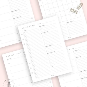 May include: A set of printable planner pages with a minimalist design. The pages include sections for daily, weekly, and monthly planning, as well as sections for work to-do lists, personal priorities, and notes.