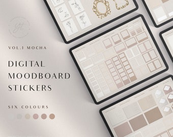 May include: Digital mood board stickers in six colors, including beige, light brown, and pink. The stickers feature frames, paper and notes, photos and tapes, cards and plans, and other decorative elements. The text "VOL. I MOCHA" and "SIX COLOURS" is visible on the image.