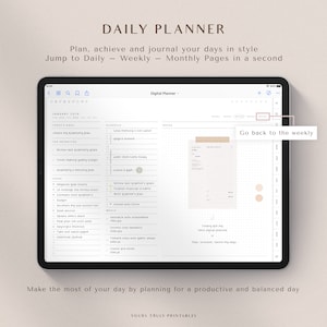 May include: A digital planner app on a tablet screen with a daily planner layout. The app has sections for schedule, notes, and a weekly view. The app is designed to help users plan, achieve, and journal their days in style.