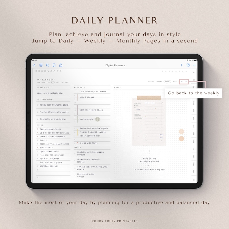 May include: A digital planner app on a tablet screen with a daily planner layout. The app has sections for schedule, notes, and a weekly view. The app is designed to help users plan, achieve, and journal their days in style.