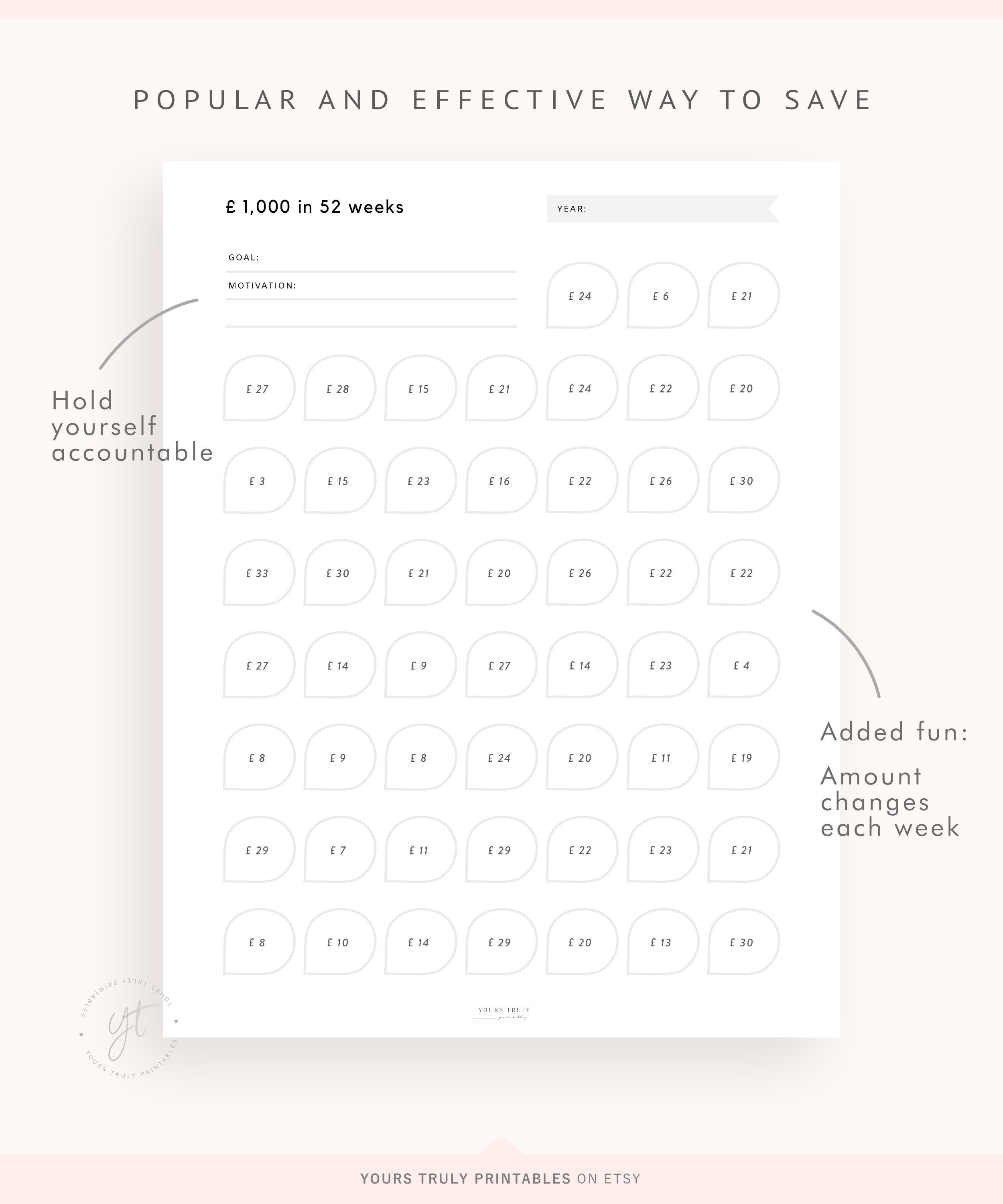 1,000 Money Savings Challenge Printables, 1K in a Year Savings Tracker ...